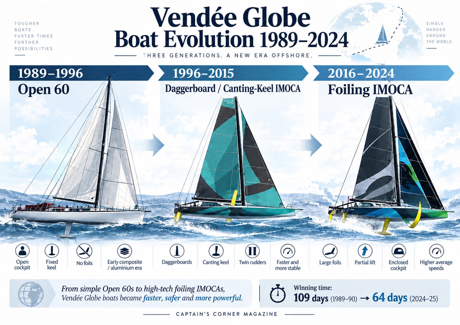 Vendée Globe boat evolution 1989–2024: Open 60, daggerboard and canting-keel IMOCA, and foiling IMOCA