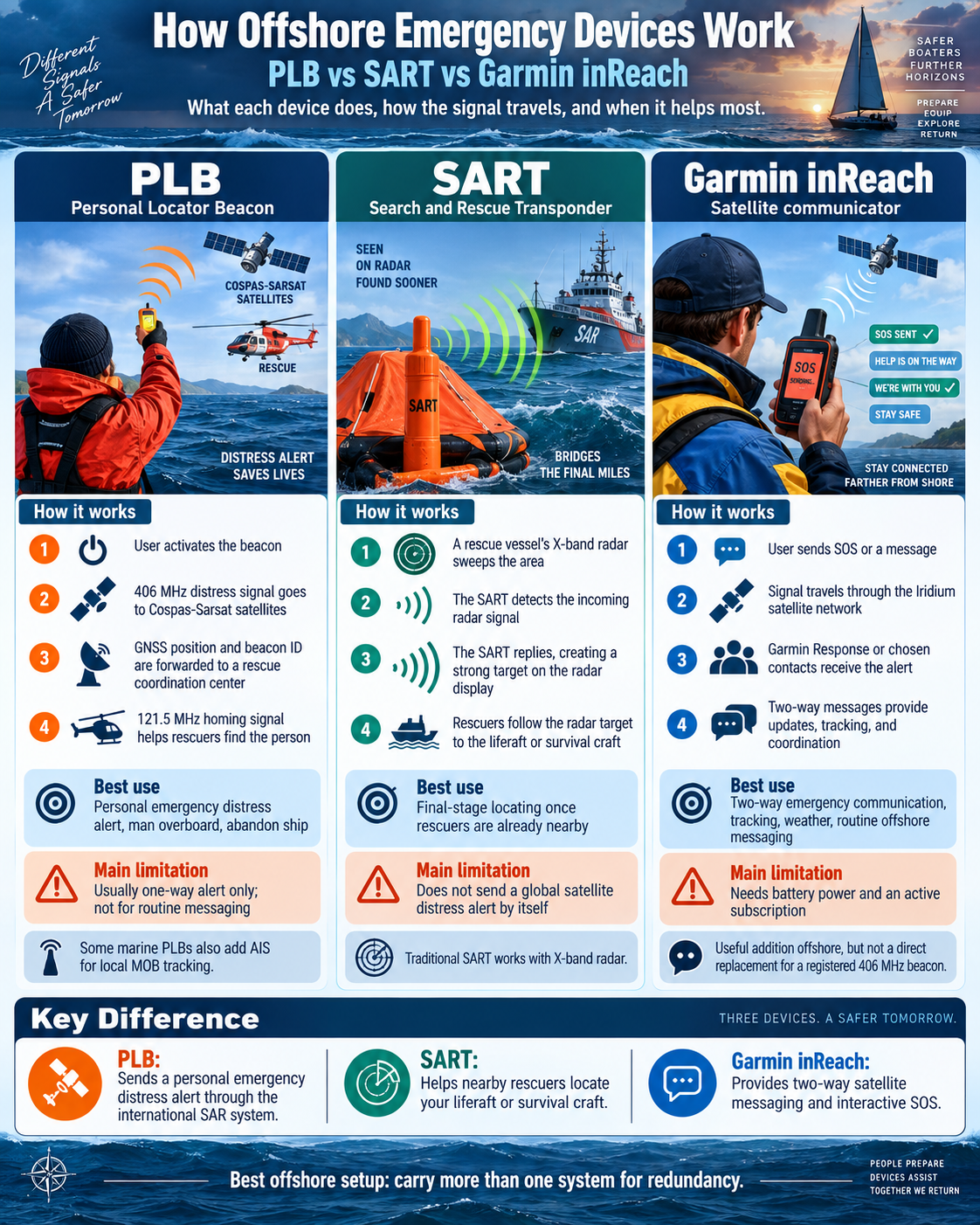 How offshore emergency devices work: PLB vs SART vs Garmin inReach — what each device does, how the signal travels, and when it helps most