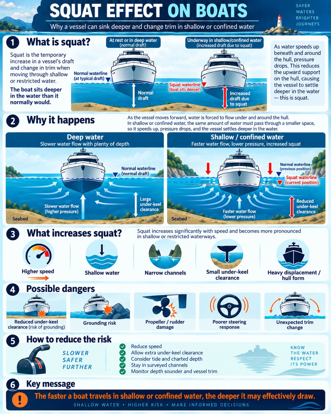 Squat effect on boats: why a vessel sinks deeper and changes trim in shallow or confined water — causes, dangers and how to reduce the risk