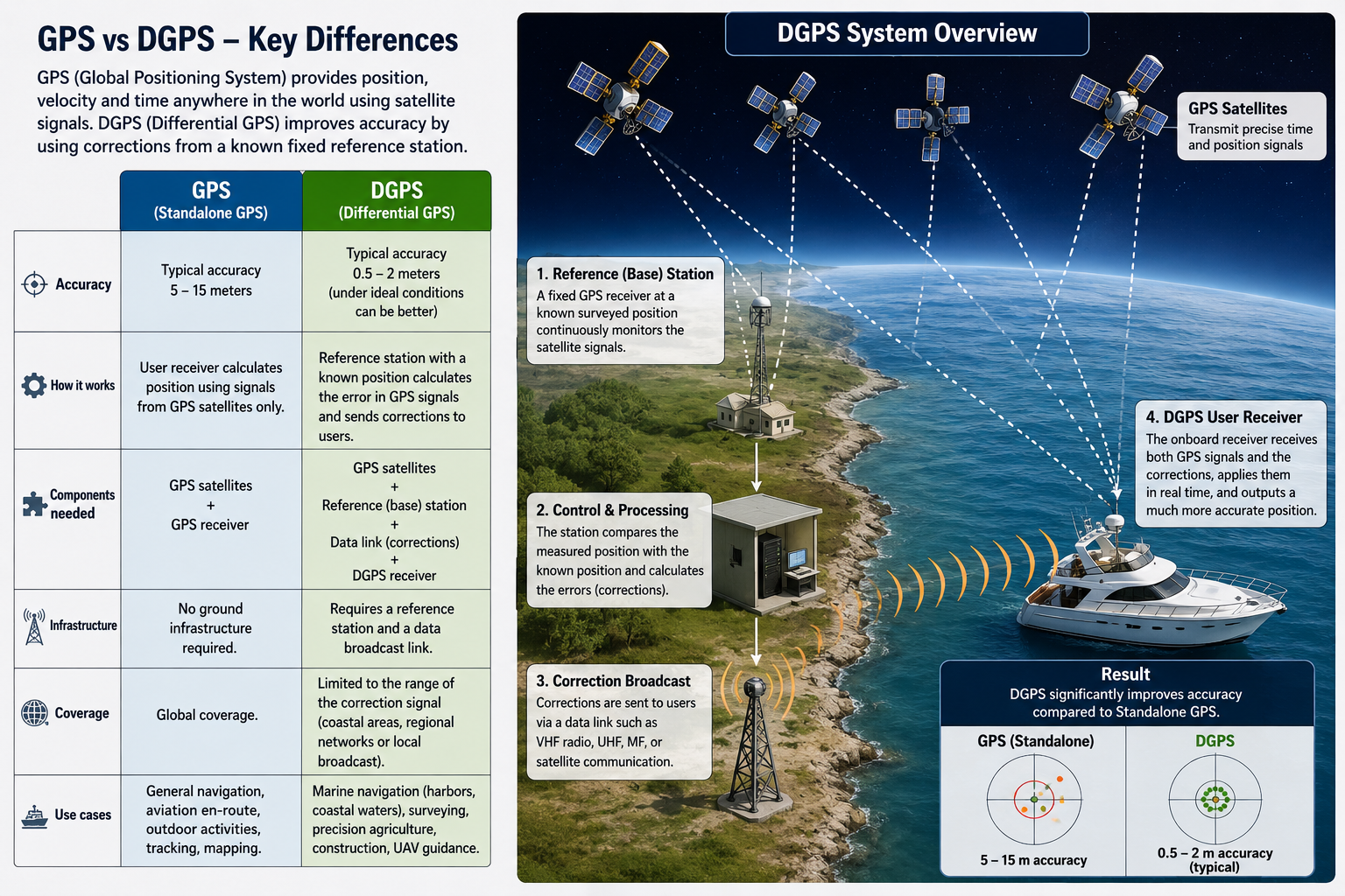 GPS vs DGPS key differences: accuracy, components, infrastructure, coverage and use cases, with a DGPS system overview showing satellites, a shore reference station, correction broadcast and the vessel's receiver