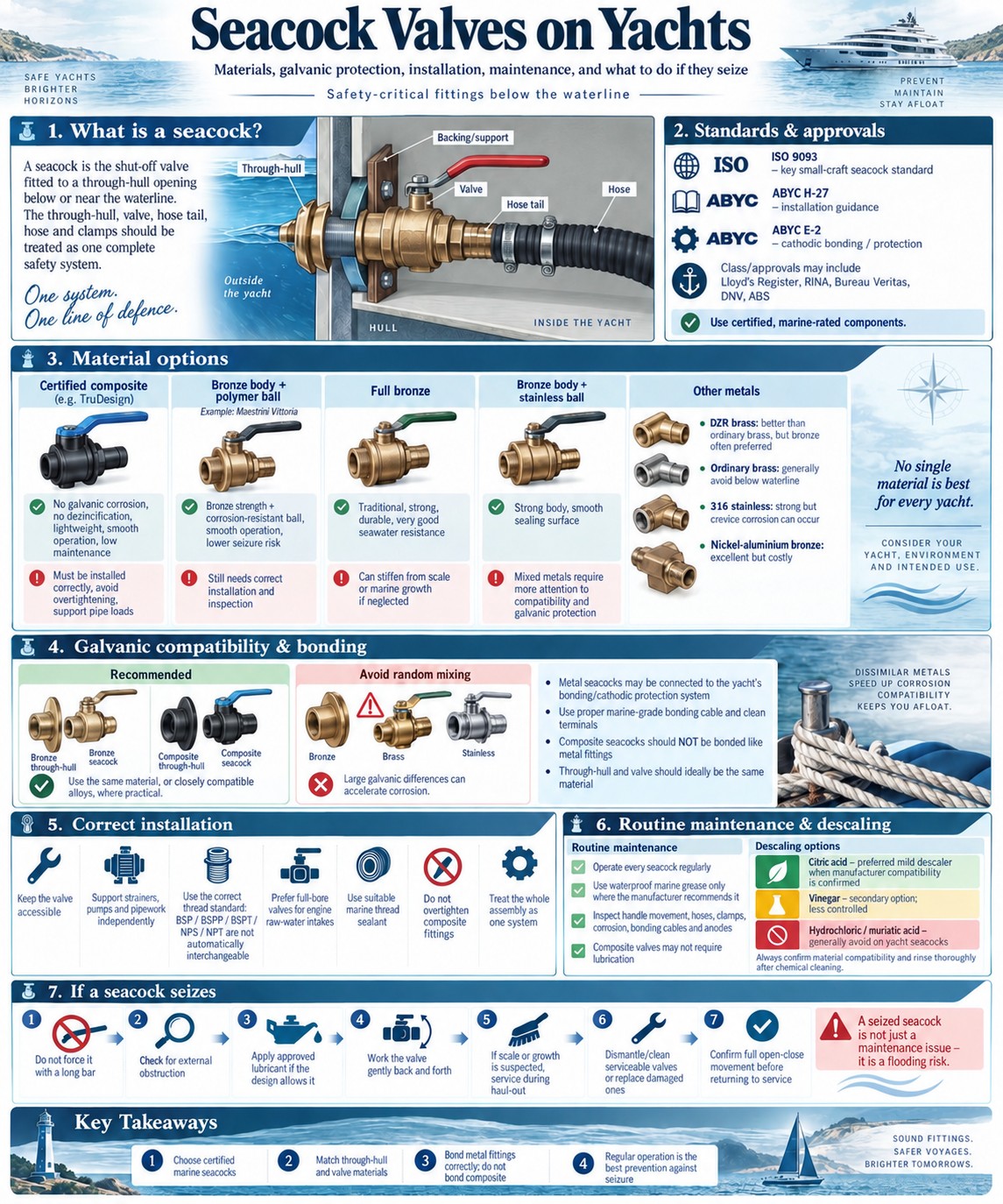 Seacock valves on yachts: materials, galvanic protection, installation, maintenance and what to do if they seize