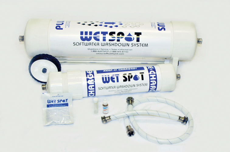 Wet Spot portable water softener system with recharge salt, hardness test kit and washdown hose